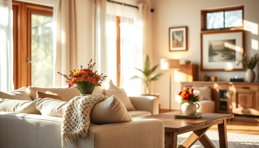 A beautifully styled living room bathed in warm, natural light, showcasing seasonal lighting adjustments. In the foreground, a cozy seating area features a plush neutral sofa adorned with soft throw pillows, an inviting knitted blanket draping over the armrest. A rustic wooden coffee table holds a vase of fresh seasonal flowers. The middle layer reveals a well-placed table lamp with a warm glow, accentuating the tranquil atmosphere. In the background, large windows allow soft, dappled sunlight to filter through sheer curtains, creating dynamic shadows and highlights on the wall. The room is adorned with carefully selected art pieces and natural wood accents, evoking a warm, welcoming feel. The overall mood is inviting, serene, and perfect for relaxation or social gatherings. The composition is shot from a slightly elevated angle to capture the full ambiance.