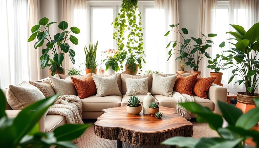 A beautifully styled living room featuring an array of vibrant green plants, including a tall fiddle leaf fig and cascading pothos on a stylish wooden shelf. The foreground showcases a cozy beige sofa adorned with textured throw pillows and a soft knit blanket. In the middle, a rustic wooden coffee table holds a few succulents and a cup of tea, inviting relaxation. The background features large windows with sheer curtains, allowing bright, soft sunlight to fill the space, enhancing the natural atmosphere. The overall mood is warm and inviting, reflecting a harmonious blend of indoor comfort and nature, ideal for a biophilic design. Use a wide-angle lens to capture the full essence of the room while maintaining focus on the plants.