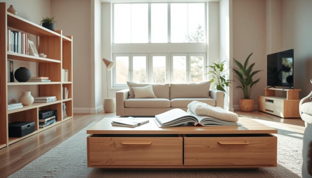 A beautifully styled living room featuring innovative storage solutions that minimize visual clutter. In the foreground, a sleek, modern bookshelf with an open design, showcasing decorative items and books, made of light-colored wood. In the middle ground, a stylish coffee table with drawers seamlessly integrates storage while holding a soft, inviting arrangement of magazines and a cozy throw. In the background, large windows allow bright natural light to stream in, illuminating the space with a warm ambiance. The walls are painted in soft neutral tones, adding to the airy feel. The overall mood is calm and welcoming, embodying a harmonious balance between functionality and aesthetics. The scene is captured from a slightly elevated angle, emphasizing the open space and lightness of the room.