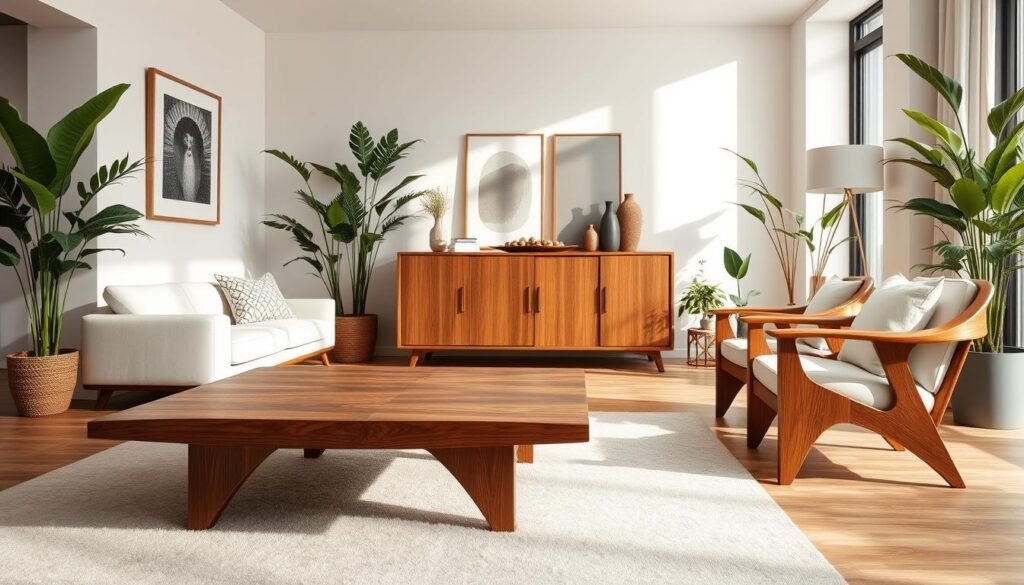 A beautifully styled living room showcasing statement wooden furniture. In the foreground, a sleek, modern wooden coffee table with a rich grain sits atop a soft, neutral-colored rug. Beside it, an elegant wooden armchair features a unique design, perhaps with curved arms and a plush cushion. In the middle, a finely crafted wooden sideboard adds character against a backdrop of pale walls adorned with subtle artwork. Tall indoor plants flank the furniture, creating a harmonious balance. The scene is illuminated by bright natural light streaming through large windows, casting soft shadows and enhancing the textures of the wood. The atmosphere is warm and inviting, perfect for relaxation and gatherings with friends and family. Capture the essence of contemporary design with a focus on rich wood detail.