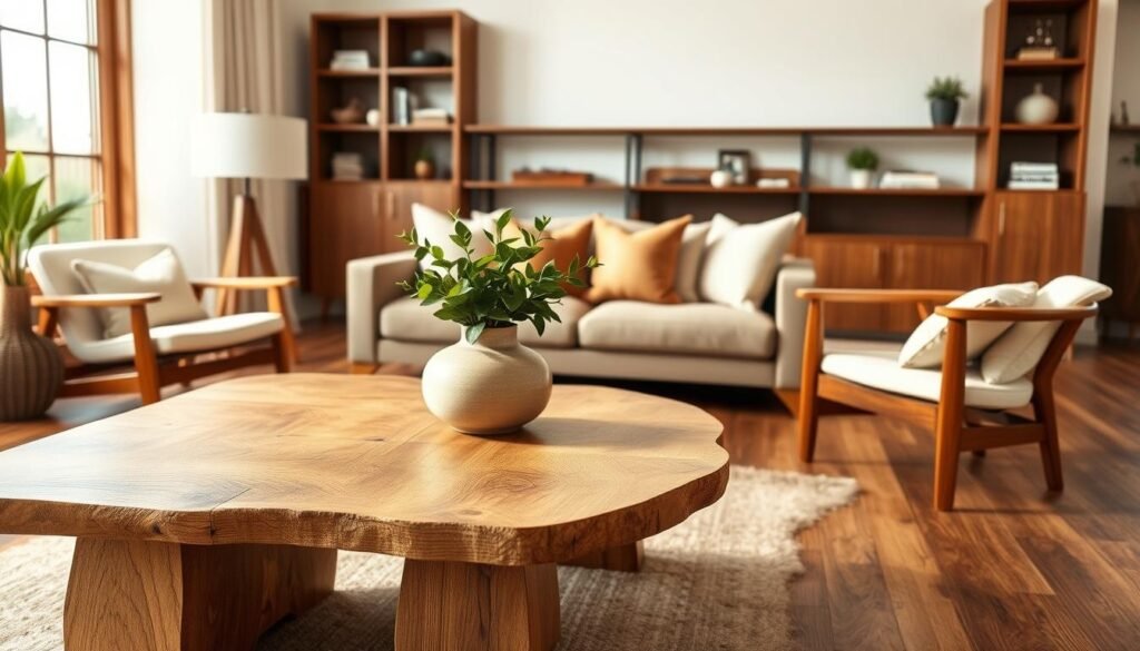 A beautifully styled living room showcasing the art of mixing wood tones, featuring a harmonious blend of light oak, deep walnut, and rich cherry. In the foreground, a rustic wooden coffee table with a natural finish holds a stylish ceramic vase filled with fresh greenery. The middle space includes a cozy sofa adorned with cream and beige throw pillows, complemented by a chic armchair in a darker wood tone. Behind, elegant wooden shelves display decorative items against a soft, neutral wall. The scene is bathed in bright, natural light filtering through large windows, creating an inviting and airy atmosphere. Capture the image from a slight angle to highlight the layered textures and tones, evoking a warm and timeless feel in this sophisticated living space.