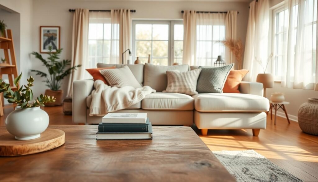 A beautifully styled living room with thoughtful accessorizing that feels natural and easy. In the foreground, a rustic wooden coffee table with carefully curated decor items: a small potted plant, a stack of art books, and a delicate ceramic vase. In the middle, a cozy sectional sofa draped with a soft, neutral-colored throw and adorned with a mix of textured cushions in earthy tones. In the background, a warm, airy space bathed in soft natural light, featuring large windows framed by sheer curtains that gently diffuse the sunlight. The atmosphere is inviting and serene, embodying a clutter-free aesthetic that highlights a harmonious blend of functionality and style. The angle showcases the room's depth, emphasizing the balance between accessories and open space.