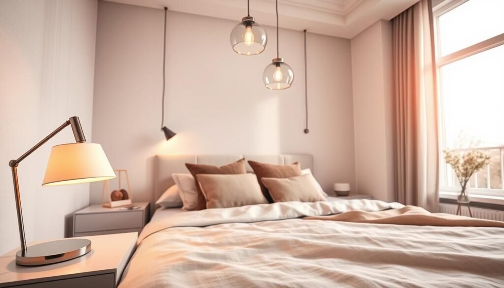 A beautifully styled modern bedroom showcasing innovative lighting ideas, featuring a layered approach to ambiance. In the foreground, a stylish bedside table with a sleek, minimalist lamp casting a warm glow. The middle layer includes a cozy bed adorned with soft, textured linens and decorative pillows, while elegant pendant lights hang above, diffusing soft light. The background reveals large windows allowing bright, natural light to illuminate the room, creating an airy and inviting atmosphere. Use a wide-angle lens to capture the harmonious balance of light and shadow, emphasizing the tranquil, sophisticated feel of the space. The overall mood is peaceful and thoughtfully designed, perfect for relaxation and comfort. A beautifully styled modern bedroom showcasing innovative lighting ideas, featuring a layered approach to ambiance. In the foreground, a stylish bedside table with a sleek, minimalist lamp casting a warm glow. The middle layer includes a cozy bed adorned with soft, textured linens and decorative pillows, while elegant pendant lights hang above, diffusing soft light. The background reveals large windows allowing bright, natural light to illuminate the room, creating an airy and inviting atmosphere. Use a wide-angle lens to capture the harmonious balance of light and shadow, emphasizing the tranquil, sophisticated feel of the space. The overall mood is peaceful and thoughtfully designed, perfect for relaxation and comfort.