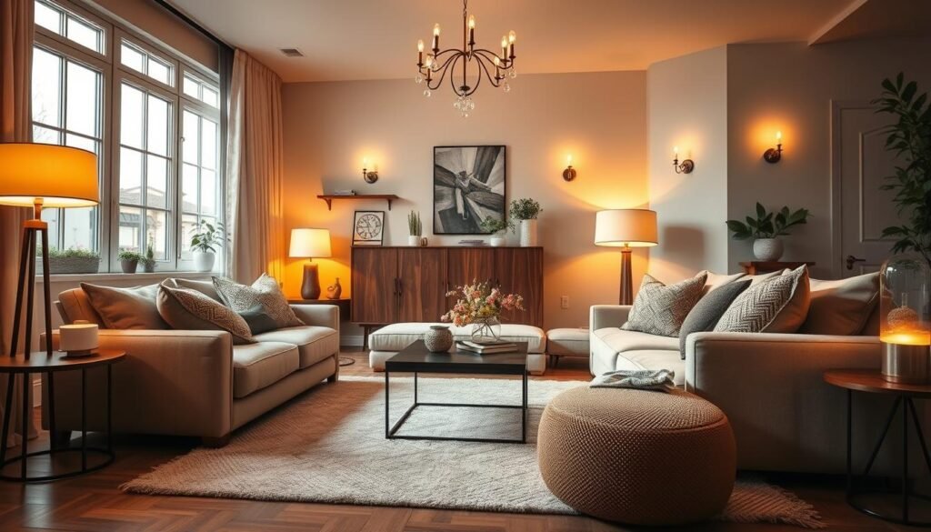 A beautifully styled warm living room showcasing various lighting strategies that enhance the atmosphere. In the foreground, a cozy, inviting seating area with plush, neutral-toned sofas adorned with soft, textured throw pillows. A stylish coffee table rests atop a soft, light-colored rug. The middle ground features elegant floor and table lamps emitting a warm, ambient glow, while strategically placed wall sconces add depth. Natural light pours in through large, airy windows, illuminating the room with soft sunlight. In the background, subtle decorative accents like houseplants and wooden shelves create a harmonious and welcoming environment. The overall mood is serene and inviting, ideal for relaxation and gatherings. The composition captures the essence of a warm, well-lit living space, focusing on lighting's transformative power.