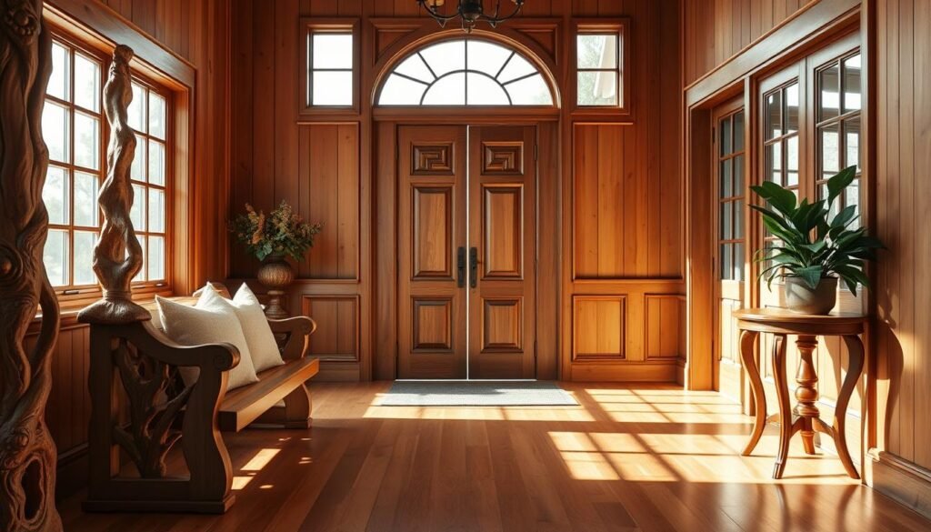 A beautifully styled wooden entryway featuring rich, warm tones of natural wood. In the foreground, a rustic wooden bench adorned with plush cushions creates an inviting space. To the left, a tall, hand-carved wooden coat rack showcases organic details, while a small, decorative wooden side table stands to the right, holding a potted plant. The middle section displays an elegant wooden door with intricate carvings, framing the scene. The background features soft, airy lighting that streams in from large windows, casting gentle shadows on the polished wooden floor. The atmosphere is warm and welcoming, evoking a sense of home and comfort. Capture this image with a wide-angle lens to emphasize depth, aiming for bright, natural light that enhances the textures of the wood.