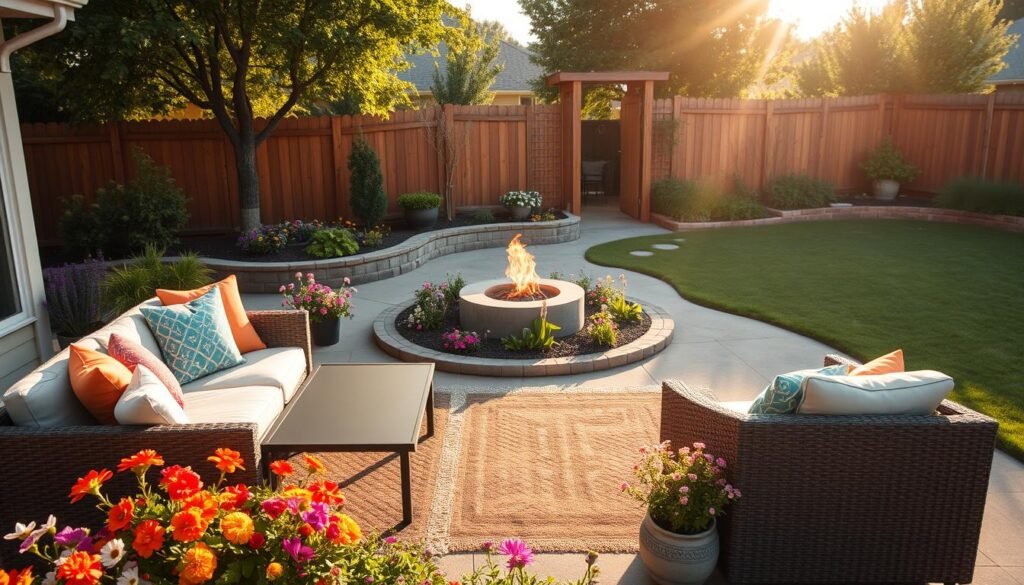 A beautifully transformed backyard showcasing simple yet impactful changes. In the foreground, a cozy seating area features a stylish outdoor sofa with colorful cushions and a sleek coffee table, inviting relaxation. In the middle, vibrant flower beds burst with seasonal blooms, and a small herb garden adds greenery and utility. A softly lit fire pit glows warmly, suggesting an evening gathering. The background includes a tasteful wooden fence and well-maintained grass, enhancing the serene atmosphere. The scene is bathed in bright, natural sunlight during golden hour, creating soft shadows and highlights. Capture this inviting setting from a slightly elevated angle to emphasize the layout while maintaining a warm and inviting mood, perfect for enticing viewers to spend time in their yards tonight. A beautifully transformed backyard showcasing simple yet impactful changes. In the foreground, a cozy seating area features a stylish outdoor sofa with colorful cushions and a sleek coffee table, inviting relaxation. In the middle, vibrant flower beds burst with seasonal blooms, and a small herb garden adds greenery and utility. A softly lit fire pit glows warmly, suggesting an evening gathering. The background includes a tasteful wooden fence and well-maintained grass, enhancing the serene atmosphere. The scene is bathed in bright, natural sunlight during golden hour, creating soft shadows and highlights. Capture this inviting setting from a slightly elevated angle to emphasize the layout while maintaining a warm and inviting mood, perfect for enticing viewers to spend time in their yards tonight.
