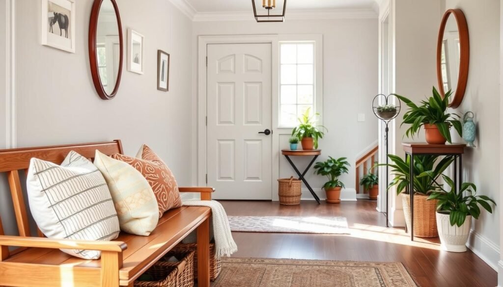 A beautifully transformed budget-friendly entryway, showcasing a cozy, inviting space. In the foreground, a charming wooden bench with soft, colorful throw pillows and a wicker basket underneath, perfect for shoe storage. In the middle ground, a stylish console table adorned with potted plants, a vintage mirror, and simple decorative items that enhance the warmth. The background features a welcoming front door with a fresh coat of paint in a soft pastel hue, flanked by cheerful indoor plants near the entryway. Gentle, natural light filters through a nearby window, creating a soft and airy atmosphere. The overall mood is bright and inviting, perfect for making a warm first impression in a home. Use a wide-angle lens to capture the full depth of the entryway while maintaining focus on the key elements.