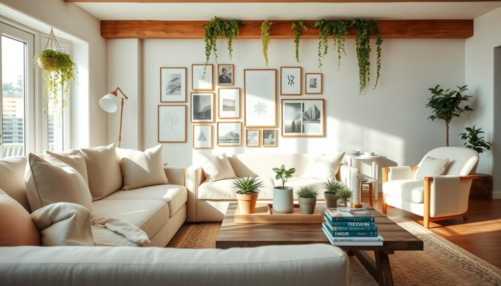 A beautifully transformed budget-friendly living room, featuring light, airy decor. In the foreground, a cozy sofa adorned with soft, affordable throw pillows in pastel hues invites relaxation. A reclaimed wood coffee table brims with potted plants and decorative books. The middle ground showcases a stylishly arranged gallery wall with framed art prints and DIY elements, while a cheerful rug adds warmth underfoot. The background is bright, with large windows letting in soft sunlight, illuminating the room in a natural glow. Incorporate a subtle greenery element, such as hanging plants or a small indoor tree, to enhance the inviting atmosphere. The overall mood should feel fresh and cheerful, ideal for a warm, light-filled living space transformation, captured with a wide-angle lens for an expansive view.