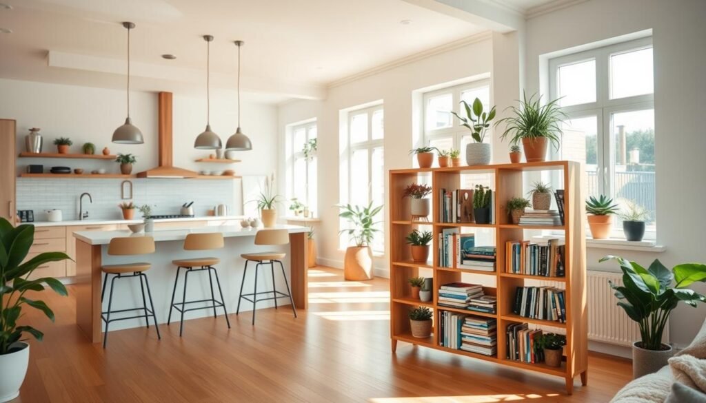 A bright, airy home interior featuring various DIY upgrades that enhance functionality. In the foreground, a beautifully crafted wooden shelving unit holds an array of potted plants and books, showcasing clever organization. To the left, a modern kitchen island with stylish bar stools and subtle decor highlights a functional space for cooking and casual dining. In the background, large windows allow soft, natural sunlight to fill the room, highlighting the fresh paint and new fixtures. The atmosphere is warm and inviting, with a clean, minimalist aesthetic. Capture this scene with a focus on depth and clarity, using a wide-angle lens to emphasize the spaciousness and the vibrant details of the home upgrades. The overall mood conveys creativity and practicality in a beautifully transformed living space. A bright, airy home interior featuring various DIY upgrades that enhance functionality. In the foreground, a beautifully crafted wooden shelving unit holds an array of potted plants and books, showcasing clever organization. To the left, a modern kitchen island with stylish bar stools and subtle decor highlights a functional space for cooking and casual dining. In the background, large windows allow soft, natural sunlight to fill the room, highlighting the fresh paint and new fixtures. The atmosphere is warm and inviting, with a clean, minimalist aesthetic. Capture this scene with a focus on depth and clarity, using a wide-angle lens to emphasize the spaciousness and the vibrant details of the home upgrades. The overall mood conveys creativity and practicality in a beautifully transformed living space.