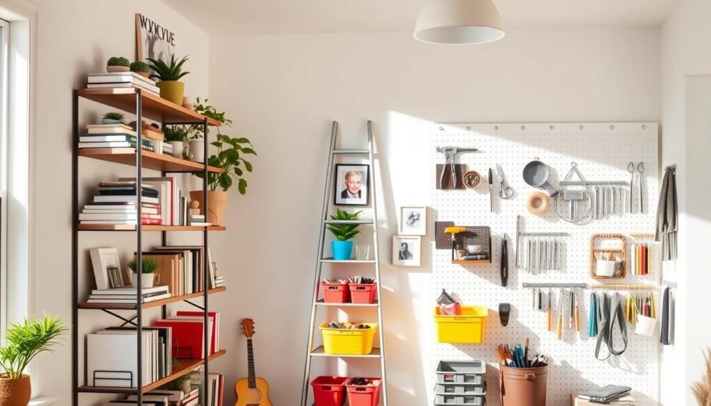 A bright, airy interior showcasing innovative vertical storage solutions for small spaces. In the foreground, a stylish wall-mounted shelving unit filled with neatly organized books, decorative plants, and personal items, creating an inviting atmosphere. The middle ground features a sleek, multi-tiered ladder shelf displaying colorful storage baskets and framed photos. In the background, a well-lit wall reveals pegboards with hooks holding tools and art supplies, enhancing functionality. Soft natural light streams through a nearby window, illuminating the scene and casting gentle shadows. The mood is creative and inspiring, perfect for DIY enthusiasts looking to maximize their wall space with practical and aesthetic vertical storage ideas. A bright, airy interior showcasing innovative vertical storage solutions for small spaces. In the foreground, a stylish wall-mounted shelving unit filled with neatly organized books, decorative plants, and personal items, creating an inviting atmosphere. The middle ground features a sleek, multi-tiered ladder shelf displaying colorful storage baskets and framed photos. In the background, a well-lit wall reveals pegboards with hooks holding tools and art supplies, enhancing functionality. Soft natural light streams through a nearby window, illuminating the scene and casting gentle shadows. The mood is creative and inspiring, perfect for DIY enthusiasts looking to maximize their wall space with practical and aesthetic vertical storage ideas.