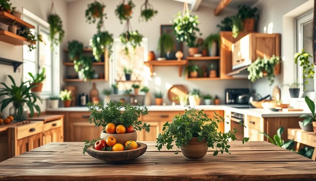 A bright, airy kitchen space featuring natural elements, showcasing a blend of wood and plant decor. In the foreground, a rustic wooden table adorned with vibrant potted herbs and a small wooden bowl filled with fresh fruits. In the middle, elegant cabinetry made from reclaimed wood, complemented by an abundance of indoor plants hanging from the ceiling and placed on shelves. The background reveals a sunlit window, allowing soft sunlight to flood the room, highlighting the natural textures of wood and greenery. The overall atmosphere is warm and inviting, promoting a sense of tranquility and connection to nature. Capture this scene with a slight angle, emphasizing depth, and use soft, natural lighting to enhance the organic feel of the kitchen.