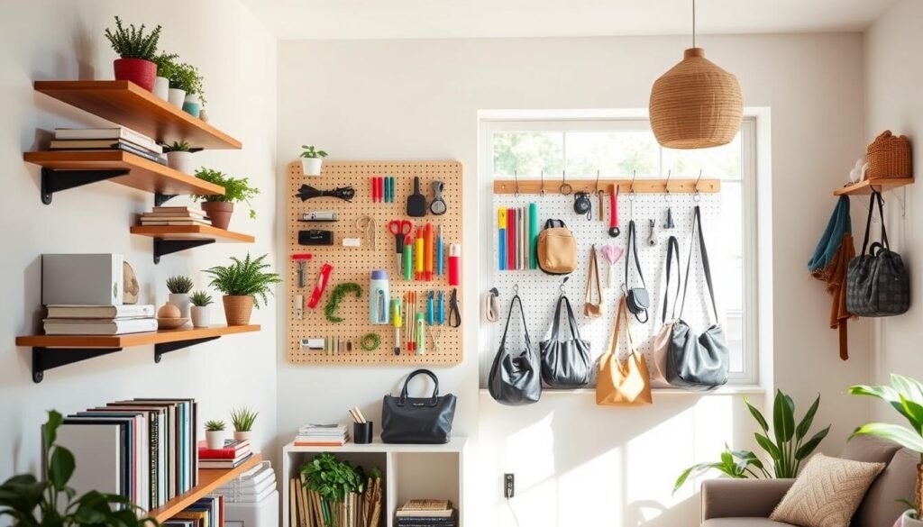 A bright, airy room features an assortment of wall-mounted organization systems. In the foreground, sleek wooden shelves display neatly arranged books and decorative plants, providing both functionality and aesthetics. The middle ground showcases a pegboard with colorful tools and art supplies organized neatly, alongside stylish hooks holding bags and accessories. The background includes a large window allowing soft sunlight to filter in, enhancing the warm ambiance of the space. The walls are painted in soft pastels, creating a calm atmosphere, while the overall composition emphasizes a tidy, well-organized living area. Use a slightly elevated angle to capture depth and dimension, with a focus on natural lighting to highlight the textures and colors of the materials used in the organization systems.
