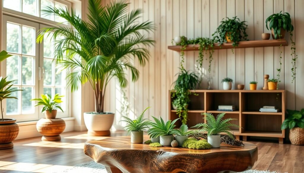 A bright, airy room showcasing a harmonious blend of wood and lush greenery, designed for high humidity. In the foreground, a beautifully crafted wooden coffee table adorned with small potted plants, such as ferns and moss, thriving in the moisture. The middle ground features a tall indoor palm and trailing vines, gracefully draping over open shelves made of rich, dark wood. The background reveals large windows allowing soft, natural sunlight to filter in, illuminating the space with a warm glow. Light wood-paneled walls enhance the organic feel, while hints of water droplets on plant leaves highlight the high-humidity environment. Capture the serenity and inviting atmosphere of a cozy retreat, ideal for relaxation and rejuvenation.