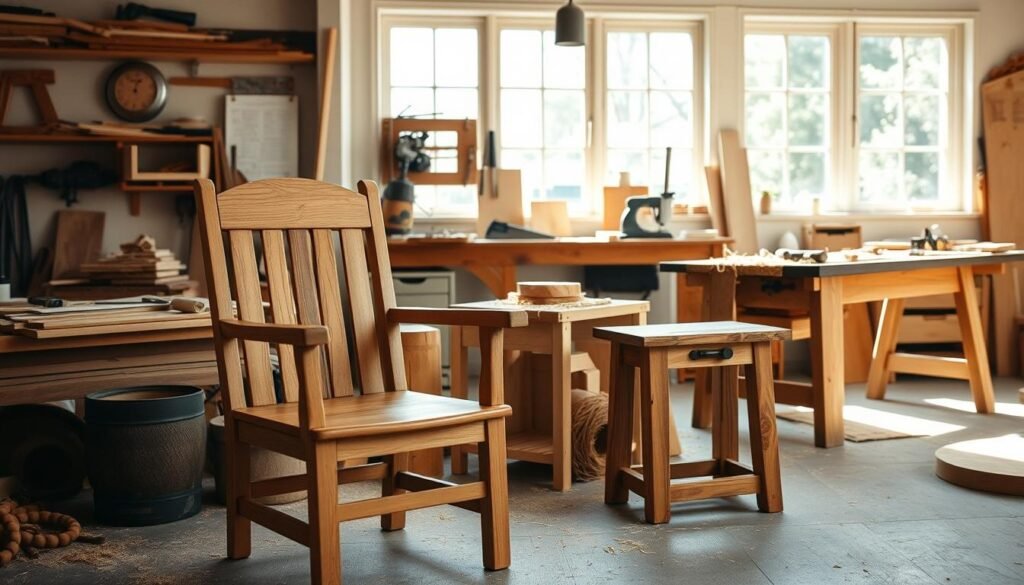 A bright, airy workshop filled with natural light showcases various simple woodworking projects. In the foreground, a beautifully crafted wooden chair sits next to a small side table made from reclaimed wood, both featuring smooth finishes and intricate joinery. The middle ground features neatly organized tools, including a hand saw, chisels, and a workbench covered in wood shavings. To the background, large windows allow soft sunlight to filter in, illuminating the space. The atmosphere is warm and inviting, suggesting a sense of creativity and skill-building. The scene is captured from a slightly elevated angle, emphasizing the craftsmanship and inviting viewers into the world of woodworking.