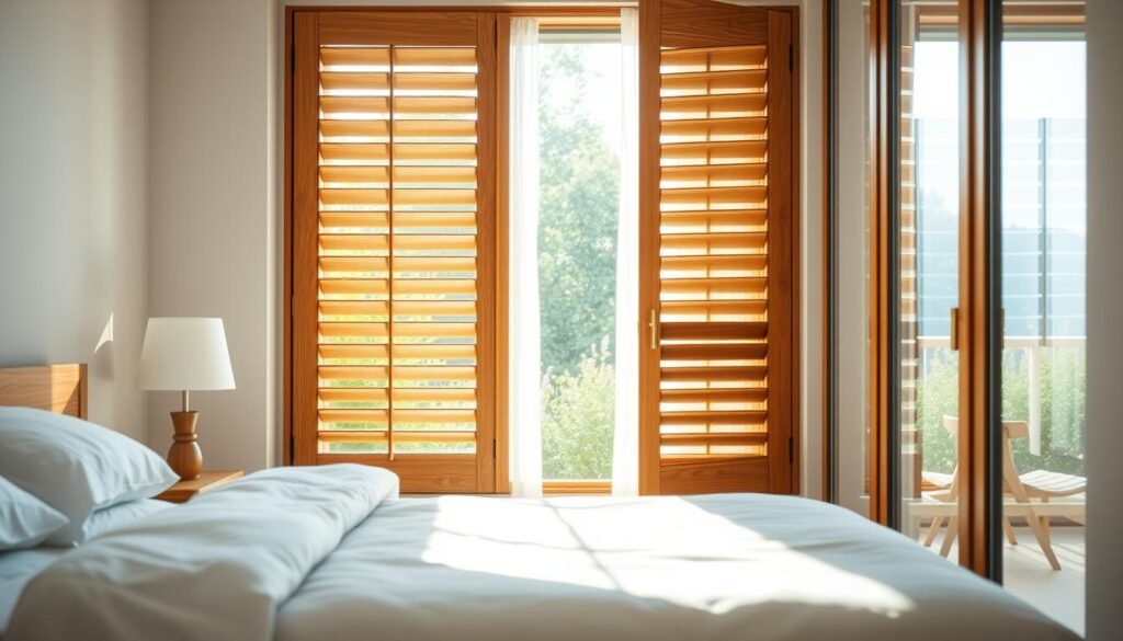 A bright and airy bedroom featuring elegant wooden window treatments, such as louvers or natural wooden blinds, softly filtering sunlight. In the foreground, the rich texture of the wood contrasts with light, neutral-colored walls. The middle ground showcases the window with sheer curtains, allowing soft sunlight to illuminate the room, enhancing the warm tones of the wood. The background displays a serene view of a garden or a calming outdoor scene, adding to the peaceful atmosphere. The overall composition has a cozy and restful feel, conveying harmony and tranquility, with natural light creating gentle shadows that accentuate the wood grain. The image has a soft focus and captures the essence of a restful bedroom retreat.
