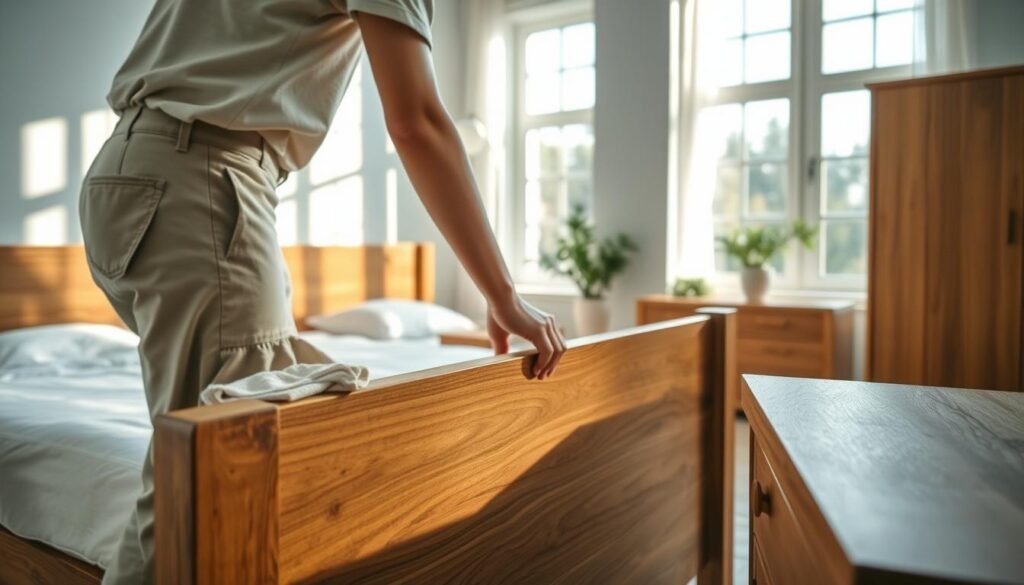 A bright and airy bedroom scene showcasing wooden elements like a bed frame, nightstands, and a dresser, all beautifully crafted with rich wood grain textures. In the foreground, a person in modest casual clothing is gently polishing a wooden surface with a soft cloth, emphasizing the care and maintenance of these elements. In the middle, the warm wood tones contrast with white linens and greenery softly arranged on the nightstands. The background reveals large windows bathed in soft, natural sunlight, creating a serene atmosphere that promotes calmness. The lighting highlights the intricate craftsmanship of the wood while casting gentle shadows, enhancing the tranquil mood of the space. The overall composition conveys a sense of harmony and care in maintaining a wooden bedroom sanctuary.