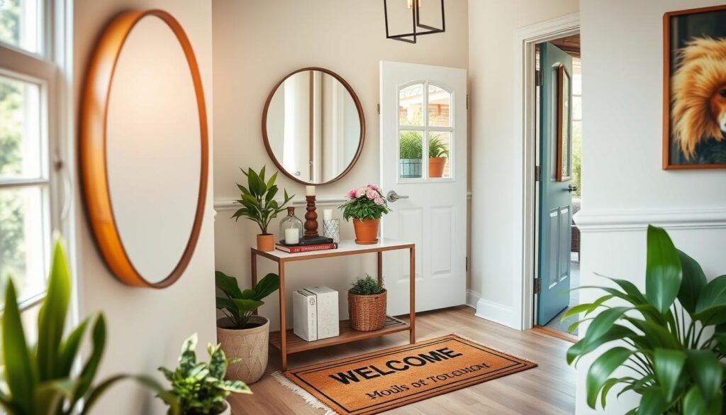 A bright and airy entryway decor scene featuring a charming console table decorated with potted plants and a stylish welcome mat. In the foreground, a round mirror reflects the soft, natural light streaming in from a nearby window, creating an inviting ambiance. The middle layer showcases the console table adorned with books, candles, and a small vase of fresh flowers, emphasizing a personal touch. The background includes a partially open door leading to a cozy outdoor space, enhancing the welcoming feel. The color palette features warm earth tones combined with fresh greens, evoking a sense of tranquility. Capture this scene with a wide-angle lens to highlight the depth of the entryway, ensuring the lighting is bright yet soft to accentuate the warm atmosphere.