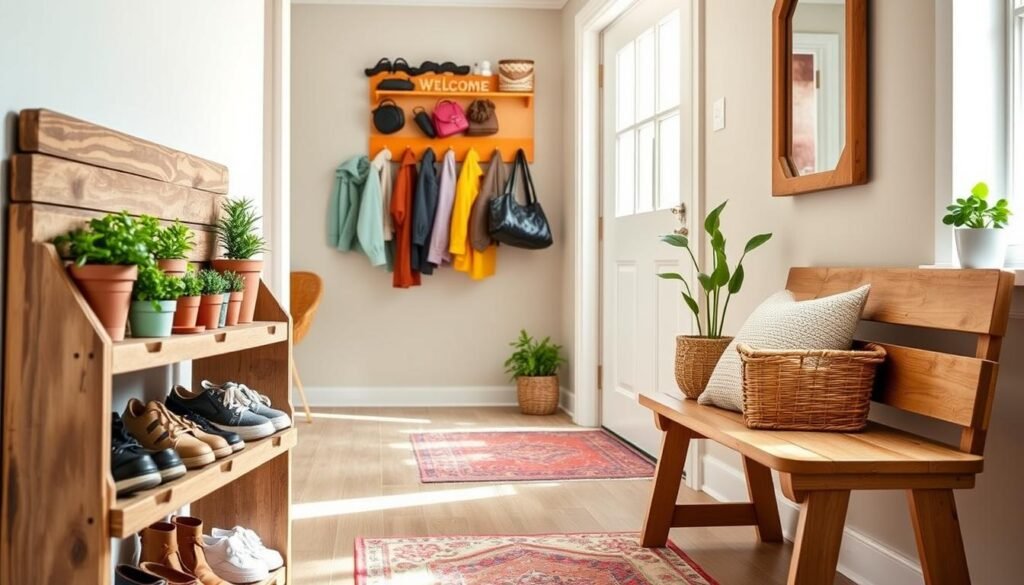 A bright and airy entryway showcasing budget-friendly DIY projects. In the foreground, a handcrafted wooden shoe rack with a rustic finish holds a variety of shoes, adorned with small potted plants. To the right, a simple wooden bench features a cozy throw pillow and a woven basket filled with accessories. In the middle layer, a colorful wall-mounted coat rack displays an assortment of jackets and bags, while a framed mirror hangs above, reflecting soft sunlight streaming through a nearby window. The background reveals a vibrant welcome mat and a small indoor plant near the door. The overall atmosphere is warm and inviting, showcasing personal touches and a sense of creativity, captured in soft natural lighting, emphasizing the welcoming feel of this DIY entryway.