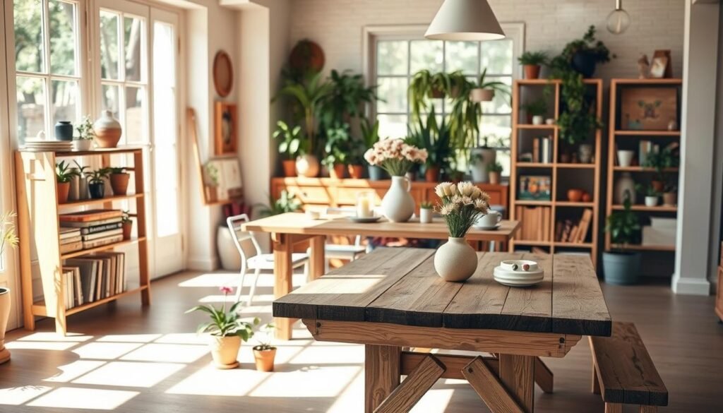A bright and airy interior space showcasing various long-lasting DIY home projects. In the foreground, a beautifully handcrafted wooden shelf filled with potted plants and carefully organized books, demonstrating practical and stylish storage. In the middle, a rustic dining table made from reclaimed wood, adorned with a vase of fresh flowers and a few hand-painted decorative items. The background features a well-maintained indoor garden area with sunlight streaming through large windows, casting soft shadows across the room. The atmosphere is warm and inviting, radiating a sense of creativity and sustainability. Use natural lighting to enhance the colors, with a slightly blurred bokeh effect that focuses on the DIY elements, evoking a tranquil, homey vibe.