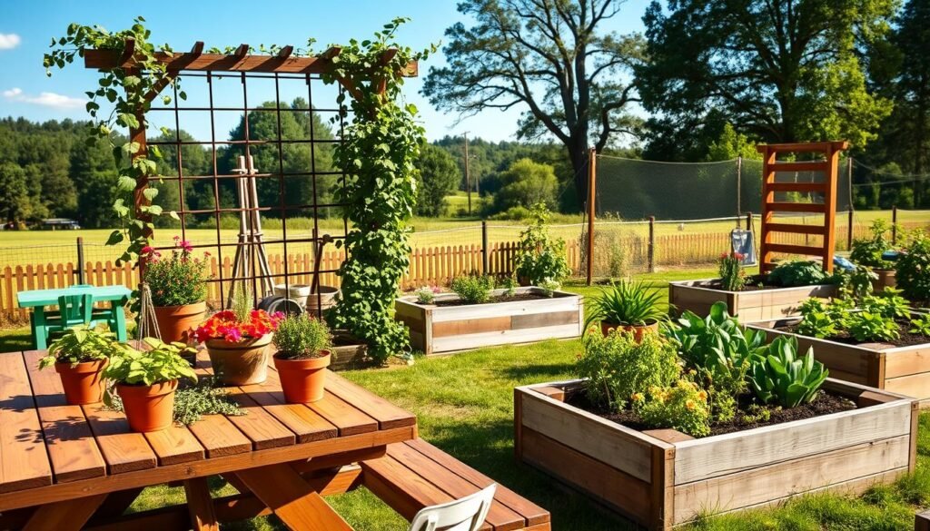 A bright and inviting outdoor scene showcasing various DIY projects that are both practical and visually appealing. In the foreground, a wooden picnic table is adorned with potted herbs and colorful flower arrangements. Nearby, a handmade trellis supports climbing vines, adding texture to the setting. In the middle ground, a vibrant vegetable garden features raised beds constructed from weathered wood, demonstrating sustainable gardening practices. The background includes a serene landscape of trees and a blue sky, casting soft sunlight over the entire scene. The atmosphere is cheerful and inspiring, evoking a sense of creativity and productivity. The lighting is warm and natural, enhancing the earthy colors of the wood and greenery. The image captures the essence of outdoor DIY projects that can be enjoyed throughout the seasons.