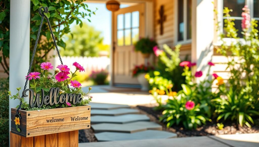 A charming DIY welcome sign with an integrated planter, featuring rustic wooden elements and vibrant blooming flowers, placed prominently in the foreground. The sign reads "Welcome" in an inviting cursive font, adorned with decorative elements like small leaves or vines. The middle ground showcases a well-kept entryway, with stepping stones leading up to a warm and inviting front door painted in a soft pastel color. In the background, a sunny garden is visible with lush greenery and a clear blue sky, enhancing the cheerful atmosphere. The scene is lit by soft, natural sunlight, creating a bright and airy feel, captured from a slightly elevated angle to emphasize the welcoming charm of the entryway environment. A charming DIY welcome sign with an integrated planter, featuring rustic wooden elements and vibrant blooming flowers, placed prominently in the foreground. The sign reads "Welcome" in an inviting cursive font, adorned with decorative elements like small leaves or vines. The middle ground showcases a well-kept entryway, with stepping stones leading up to a warm and inviting front door painted in a soft pastel color. In the background, a sunny garden is visible with lush greenery and a clear blue sky, enhancing the cheerful atmosphere. The scene is lit by soft, natural sunlight, creating a bright and airy feel, captured from a slightly elevated angle to emphasize the welcoming charm of the entryway environment.