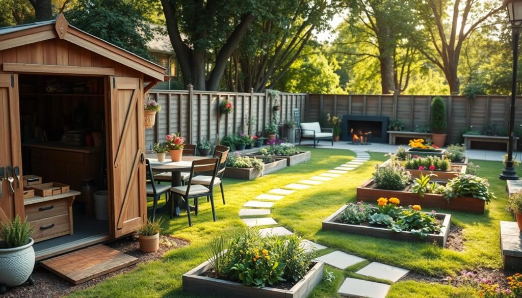 A charming backyard garden featuring functional structures and clever storage solutions. In the foreground, a rustic wooden shed with a neatly organized tool rack visible through its open door. To the left, a stylish outdoor dining table surrounded by comfortable chairs, adorned with potted plants and a colorful tablecloth. In the middle ground, a series of raised garden beds bursting with vibrant flowers and fresh vegetables, accompanied by pathways made of natural stone. In the background, a softly lit, cozy seating area with a fire pit and built-in benches. The scene is bathed in bright, natural light with soft sunlight filtering through trees, creating a serene atmosphere. The angle captures depth, inviting viewers to envision this functional outdoor space.