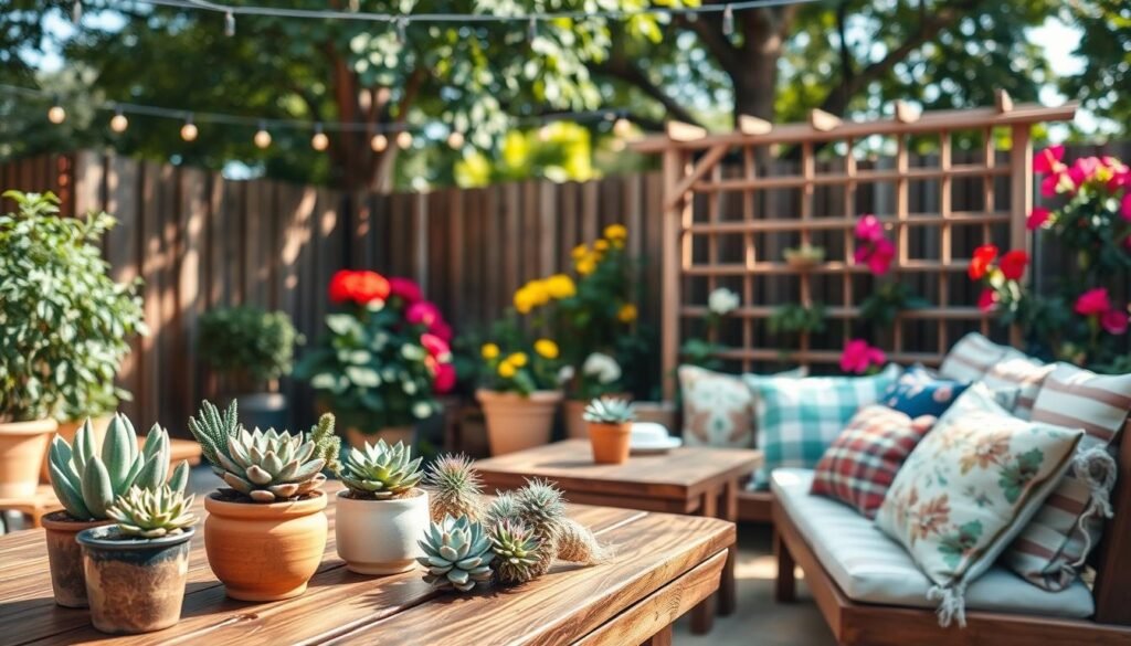 A charming backyard scene featuring budget-friendly garden decor. In the foreground, a rustic wooden table adorned with potted succulents, handmade terracotta planters, and colorful fabric cushions. The middle ground showcases a cozy seating area with a simple wooden bench and string lights overhead, creating a warm atmosphere. In the background, vibrant flowers bloom alongside a DIY wooden trellis, providing a touch of whimsy. Dappled sunlight filters through tree leaves, casting soft shadows. The lens captures a slightly elevated angle, emphasizing depth and inviting details. The overall mood is cheerful and inviting, perfect for relaxation and comfort in a backyard setting.