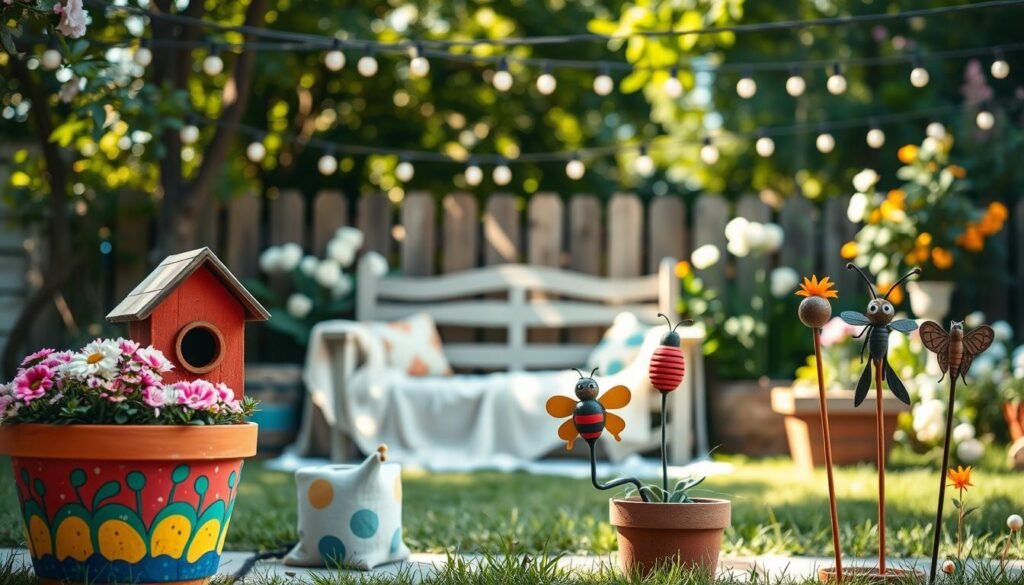 A charming backyard scene featuring creative DIY garden decorations that bring whimsy to an outdoor living space. In the foreground, vibrant flower pots painted with playful designs, a handmade birdhouse adorned with bright colors, and whimsical garden stakes shaped like insects. In the middle ground, a cozy seating area with a rustic wooden bench draped in soft fabric, surrounded by hanging string lights that create a magical atmosphere. The background showcases lush greenery and blooming flowers, with soft sunlight filtering through the leaves, casting gentle shadows. The mood is inviting and cheerful, reminiscent of a peaceful afternoon spent enjoying nature. Capture this scene from a slightly elevated angle to encompass the full beauty of these decorative elements in a well-lit, airy setting. A charming backyard scene featuring creative DIY garden decorations that bring whimsy to an outdoor living space. In the foreground, vibrant flower pots painted with playful designs, a handmade birdhouse adorned with bright colors, and whimsical garden stakes shaped like insects. In the middle ground, a cozy seating area with a rustic wooden bench draped in soft fabric, surrounded by hanging string lights that create a magical atmosphere. The background showcases lush greenery and blooming flowers, with soft sunlight filtering through the leaves, casting gentle shadows. The mood is inviting and cheerful, reminiscent of a peaceful afternoon spent enjoying nature. Capture this scene from a slightly elevated angle to encompass the full beauty of these decorative elements in a well-lit, airy setting.