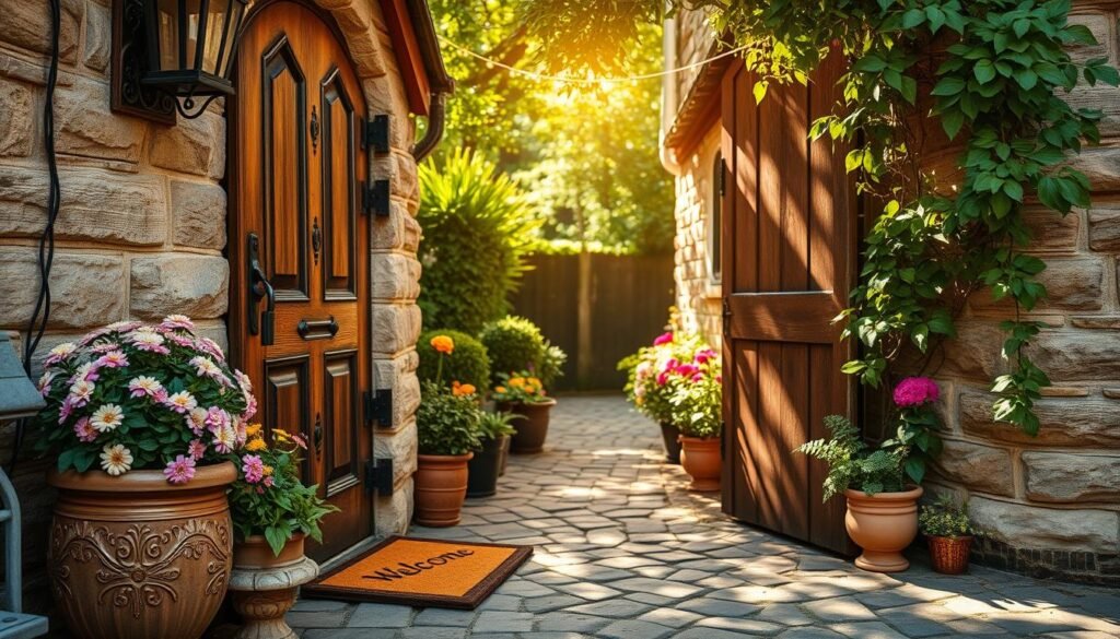 A charming cottage entrance, adorned with warm, welcoming features. In the foreground, there's a rustic wooden door with intricate carvings, flanked by potted plants bursting with colorful flowers. A small, inviting doormat reads "Welcome." In the middle, a cobbled path leads up to the door, bordered by lush greenery and twinkling fairy lights strung above to create a cozy atmosphere. In the background, soft sunlight filters through the leaves of nearby trees, casting gentle shadows on the cottage’s stone exterior. The scene is bathed in bright, natural light, evoking a sense of warmth and serenity, perfect for inspiring DIY projects to enhance home comfort. The angle is slightly elevated, showcasing the vibrant details and textures of this inviting entrance.