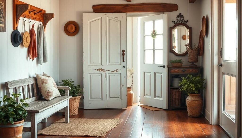 A charming cottage entryway filled with vintage finds. In the foreground, a rustic wooden bench adorned with patterned cushions sits beneath a softly woven coat rack. A weathered jute rug lies on the polished wooden floor, adding warmth. Potted plants with lush greenery flank the sides. In the middle, an antique door painted in soft pastel hues opens to reveal an inviting interior bathed in bright natural light. Vintage hats and baskets hang playfully, while a framed mirror reflects the airy ambiance. The background features a window allowing soft sunlight to flood in, highlighting textured elements like exposed wooden beams and quaint wall decor. The overall mood is warm, inviting, and reminiscent of a cozy farmhouse, encouraging a feeling of home and nostalgia. The composition should evoke a sense of tranquility and charm.