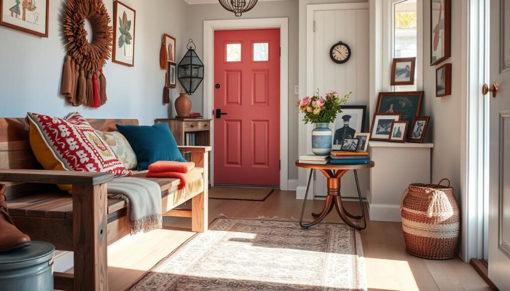 A charming entryway showcasing unique decor elements that convey a personal touch. In the foreground, a rustic bench made of reclaimed wood adorned with colorful throw pillows and a soft woolen blanket. Adjacent, a small table featuring a vase of fresh flowers, vintage books, and an eclectic collection of framed photographs. In the middle, a stylish, modern rug adds warmth and texture. The background reveals a welcoming front door, painted in a cheerful hue, with sunlight streaming through a nearby window, casting soft shadows. The atmosphere is airy and well-lit, with bright natural light creating a serene and inviting mood. The scene captures a blend of personal and easy design elements that inspire cozy living.