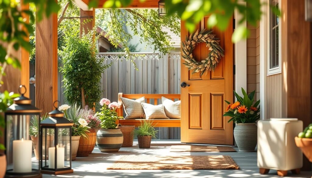A charming outdoor-inspired entryway, featuring a warm wooden door adorned with a rustic wreath made of dried flowers and greenery. In the foreground, a pair of stylish outdoor lanterns cast a soft glow, while a cozy welcome mat in natural fibers invites guests inside. The middle section showcases potted plants, with vibrant greenery and colorful blooms framing the entrance. A wooden bench with throw pillows adds a touch of comfort. In the background, dappled sunlight filters through overhanging branches, creating an inviting atmosphere. The overall mood is warm and welcoming, capturing a serene blend of indoor and outdoor elements. The scene is set in bright natural light, emphasizing an airy, well-lit feel, with a slight focus on depth of field for an elegant touch.