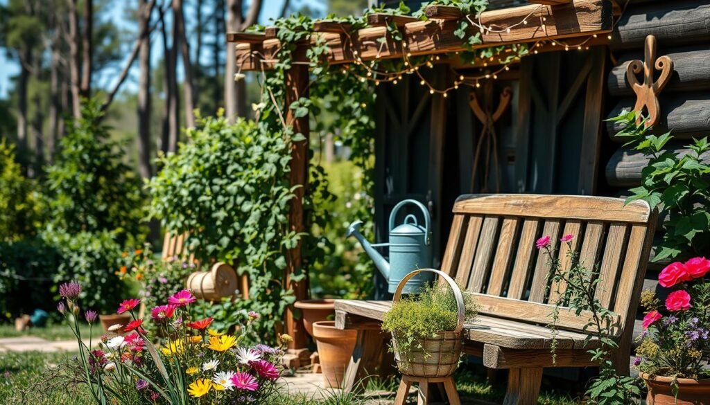 A charming rustic garden scene showcasing a cozy outdoor space adorned with handmade wooden decorations. In the foreground, a weathered wooden bench is surrounded by an array of colorful wildflowers and a small pot of herbs. In the middle, a rustic wooden trellis supports climbing vines, with twinkling fairy lights draped across it, creating a warm ambiance. Lush greenery surrounds the space, with an old-fashioned watering can placed thoughtfully near the bench. In the background, soft-focus woods and a clear blue sky enhance the serene atmosphere. The scene is bathed in soft sunlight, casting gentle shadows, evoking a feeling of tranquility and inviting relaxation. Capture this from a slightly elevated angle, allowing a natural perspective of the inviting garden charm. A charming rustic garden scene showcasing a cozy outdoor space adorned with handmade wooden decorations. In the foreground, a weathered wooden bench is surrounded by an array of colorful wildflowers and a small pot of herbs. In the middle, a rustic wooden trellis supports climbing vines, with twinkling fairy lights draped across it, creating a warm ambiance. Lush greenery surrounds the space, with an old-fashioned watering can placed thoughtfully near the bench. In the background, soft-focus woods and a clear blue sky enhance the serene atmosphere. The scene is bathed in soft sunlight, casting gentle shadows, evoking a feeling of tranquility and inviting relaxation. Capture this from a slightly elevated angle, allowing a natural perspective of the inviting garden charm.
