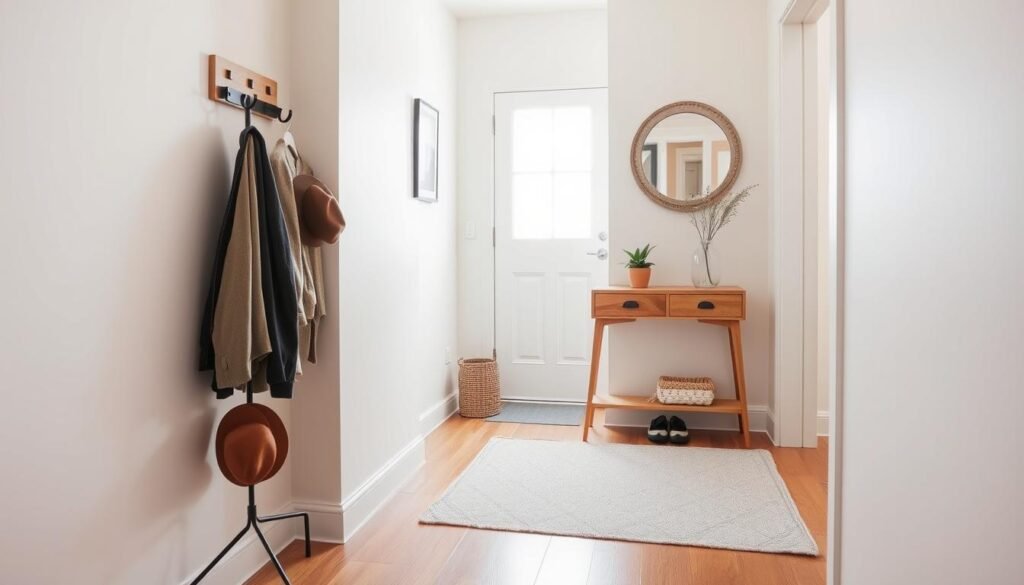 A charming tiny entryway, featuring a minimalist console table adorned with a small plant and a decorative mirror on the wall above. In the foreground, a stylish coat rack holds a couple of neatly hung jackets and hats, suggesting organization. The middle ground showcases wooden flooring, a cozy area rug, and a pair of shoes neatly placed beside the table. The background reveals a bright window allowing soft, natural sunlight to flood the space, enhancing the airy ambiance. The walls are painted in light, neutral tones, creating a spacious feel. The overall atmosphere is warm and inviting, capturing a perfect blend of functionality and personal touch in an efficient small space.