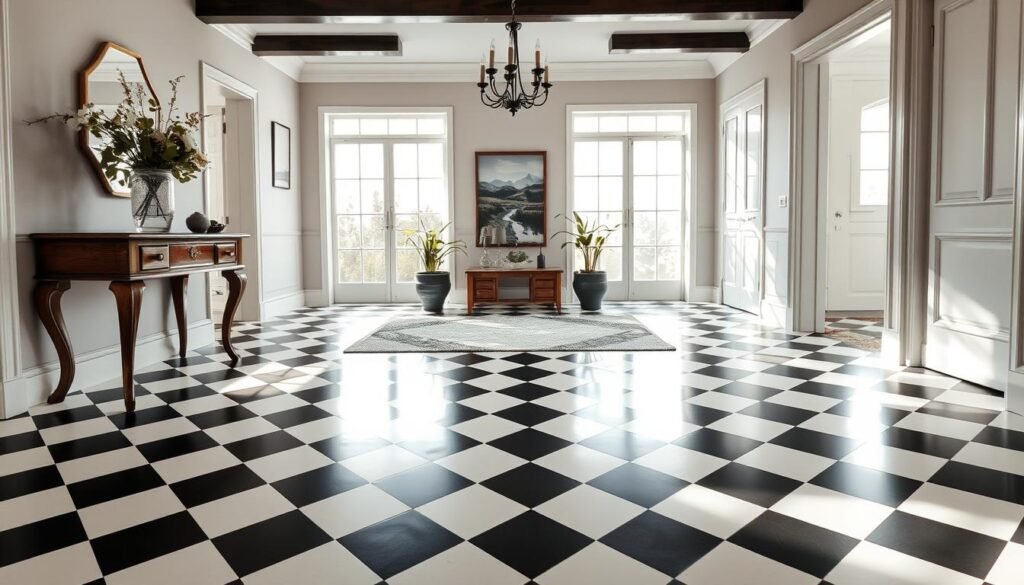 A chic entryway featuring a striking black and white checkered floor, radiating elegance and style. The foreground showcases a well-crafted wooden console table adorned with a vase of fresh flowers, set against the backdrop of the captivating flooring. In the middle, an inviting area features a stylish rug that complements the checkered pattern, while a pair of potted plants adds a touch of greenery. In the background, soft, diffused natural light pours through large windows, casting gentle shadows and enhancing the airy atmosphere. The overall mood is welcoming and refined, perfect for introducing guests to a beautifully designed home. Capture this scene with a slight downward angle, emphasizing the flooring's geometric pattern while maintaining a sense of spaciousness.