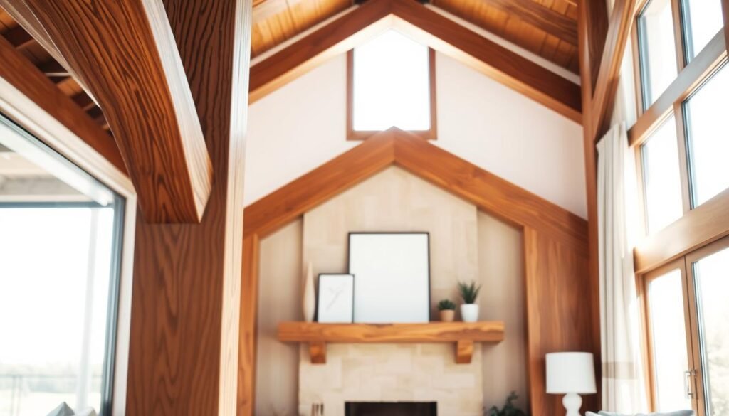 A close-up view of intricate architectural wood details in a modern living room. Foreground features finely crafted wooden beams with elegant grain patterns, showcasing craftsmanship and warmth. The middle ground presents a stylish wooden mantelpiece, adorned with minimalistic decor that emphasizes the wood’s rich texture. In the background, softly illuminated by bright natural light, large windows reveal a serene outdoor scene, enhancing the airy atmosphere. The image should capture the soft sunlight filtering through the space, casting delicate shadows and highlighting the natural hues of the wood. Aim for a cozy, inviting mood that reflects timeless elegance and sophistication in home design. No captions or additional elements present.