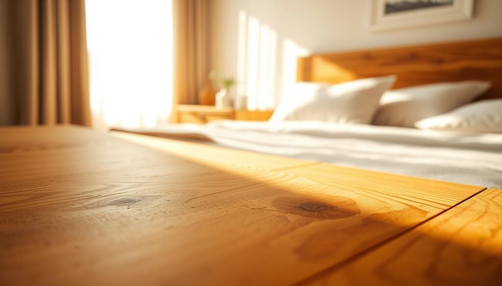 A close-up view of natural wood textures showcasing warm, rich tones such as honey ochre, deep chestnut, and soft beige. The foreground features distinct grain patterns and knots, highlighting the organic feel of the wood. In the middle ground, a beautifully crafted wooden bedside table is gently illuminated by soft, diffused sunlight filtering through sheer curtains, creating a cozy and inviting atmosphere. The background remains softly blurred, suggesting a serene bedroom environment with soft pillows and light bedding, reinforcing the warm ambiance. The entire scene is bathed in bright, natural light, evoking a sense of tranquility and comfort—perfect for illustrating the natural appeal of wood in bedroom design.