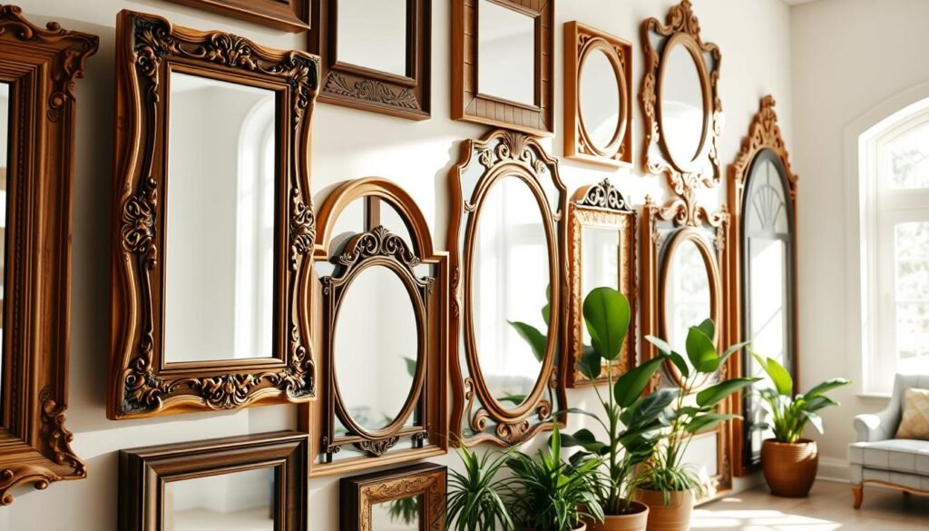 A collection of elegant wooden mirror frames displayed on a bright, airy entryway wall. In the foreground, showcase a detailed close-up of intricately carved wooden frames in varying styles, emphasizing natural wood textures like oak and walnut. The middle ground features a series of mirrors, some round and others rectangular, reflecting soft sunlight filtering in through nearby windows. The background should be a light-colored, inviting entryway setting with potted plants and soft furnishings that complement the warmth of the wooden frames. Use natural, bright lighting to enhance the cozy atmosphere, with soft shadows adding depth. The scene captures an inviting, stylish look, perfect for illustrating the concept of enhancing light and space.