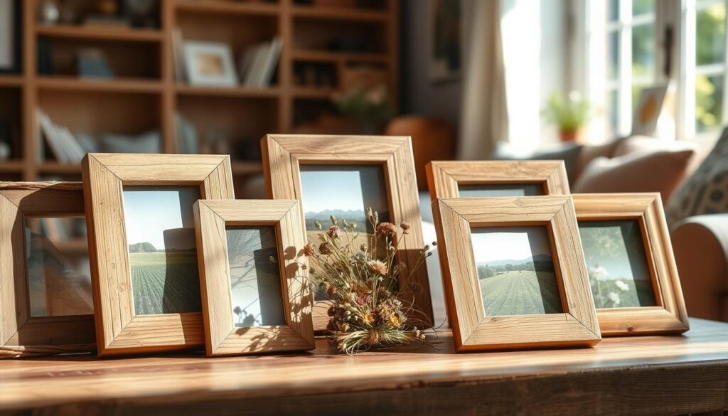 A collection of rustic DIY picture frames displayed on a wooden table in a cozy, well-lit living space. The foreground features a variety of frames crafted from reclaimed wood, showcasing different shapes and finishes, some decorated with twine and dried flowers. In the middle, a small bouquet of wildflowers adds a touch of color, while a vibrant landscape photograph in one frame captures the essence of nature. The background reveals soft-focus elements of a sunlit room, with warm, natural tones and a hint of greenery through a window. The scene is illuminated by gentle sunlight casting soft shadows, creating an inviting and thoughtful atmosphere, perfect for inspiring DIY projects. The angle is slightly elevated to capture the textures and details of the frames and the warmth of the setting.