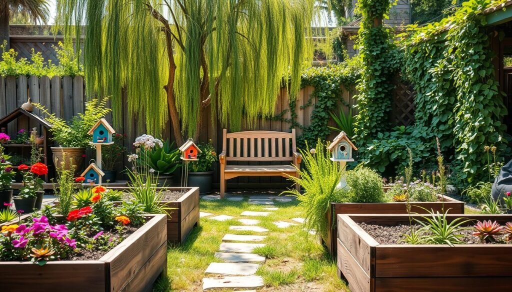 A cozy DIY backyard garden featuring an array of sensory elements. In the foreground, include charming raised wooden garden beds filled with vibrant flowers and herbs, alongside rustic stone pathways. In the middle, a small wooden bench nestled among lush greenery invites relaxation, while colorful birdhouses adorn nearby trees, enhancing nature's ambiance. In the background, a gently swaying willow tree and a fence covered with climbing vines add depth and tranquility to the scene. The setting is bathed in bright, soft natural light, creating an airy atmosphere that conveys warmth and comfort. Capture the image from a slightly elevated angle to showcase the layout and inviting design of the space, emphasizing the balance of nature and functional beauty. A cozy DIY backyard garden featuring an array of sensory elements. In the foreground, include charming raised wooden garden beds filled with vibrant flowers and herbs, alongside rustic stone pathways. In the middle, a small wooden bench nestled among lush greenery invites relaxation, while colorful birdhouses adorn nearby trees, enhancing nature's ambiance. In the background, a gently swaying willow tree and a fence covered with climbing vines add depth and tranquility to the scene. The setting is bathed in bright, soft natural light, creating an airy atmosphere that conveys warmth and comfort. Capture the image from a slightly elevated angle to showcase the layout and inviting design of the space, emphasizing the balance of nature and functional beauty.
