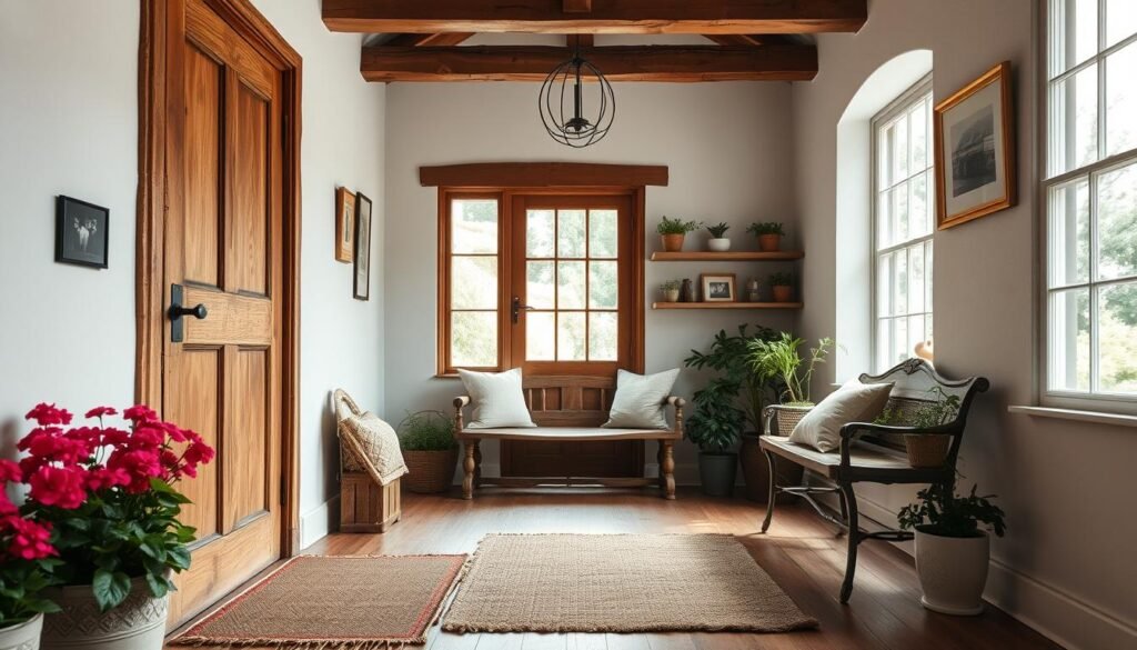 A cozy English farmhouse entryway, featuring a rustic wooden door with wrought iron hardware, flanked by potted blooming geraniums. The foreground includes a handmade woven rug and a vintage wooden bench adorned with cushions. In the middle ground, there’s a large window letting in soft, diffuse natural light, accentuating the warm oak flooring and exposed timber beams above. Shelves lined with potted herbs and framed black-and-white photographs enhance the charm. The background shows a glimpse of a lush garden through the window, creating an inviting atmosphere. The lighting is bright yet soft, evoking a serene and welcoming mood, perfect for a warm and airy entry point. The angle is slightly elevated, capturing depth while ensuring all elements are in harmonious balance.