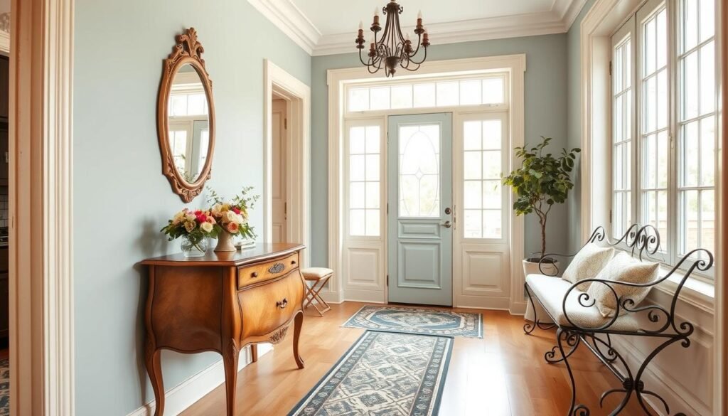A cozy French-inspired apartment entryway, showcasing elegant decor elements. In the foreground, a vintage-style wooden console table adorned with a beautiful arrangement of fresh flowers and a chic mirror hanging above. In the middle, inviting soft colors of pastel blue and cream walls enhance the space, with a stylish patterned runner leading to the door. To the side, a small wrought-iron bench with plush cushions offers a warm touch. In the background, large windows bathe the scene in bright natural light, creating an airy atmosphere. Light wood flooring complements the decor. The overall mood is inviting and sophisticated, ideal for creating a clutter-free yet stylish entryway. A cozy French-inspired apartment entryway, showcasing elegant decor elements. In the foreground, a vintage-style wooden console table adorned with a beautiful arrangement of fresh flowers and a chic mirror hanging above. In the middle, inviting soft colors of pastel blue and cream walls enhance the space, with a stylish patterned runner leading to the door. To the side, a small wrought-iron bench with plush cushions offers a warm touch. In the background, large windows bathe the scene in bright natural light, creating an airy atmosphere. Light wood flooring complements the decor. The overall mood is inviting and sophisticated, ideal for creating a clutter-free yet stylish entryway.