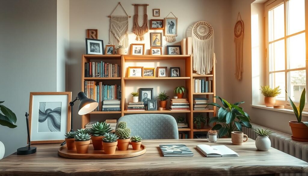 A cozy, aesthetic DIY room decor scene featuring a well-organized workspace. In the foreground, a rustic wooden desk adorned with handcrafted decor items like succulent plants in terracotta pots, a framed art print, and a small vintage inspired lamp casting soft light. The middle layer showcases a beautifully arranged bookshelf filled with colorful books, personalized photo frames, and DIY projects like macramé wall hangings. In the background, large windows allow warm, natural light to fill the space, enhancing the inviting atmosphere. The walls are painted in muted pastel tones, adding to the calming ambiance. The room reflects a stylish yet practical environment, ideal for both teens and adults interested in DIY projects. A cozy, aesthetic DIY room decor scene featuring a well-organized workspace. In the foreground, a rustic wooden desk adorned with handcrafted decor items like succulent plants in terracotta pots, a framed art print, and a small vintage inspired lamp casting soft light. The middle layer showcases a beautifully arranged bookshelf filled with colorful books, personalized photo frames, and DIY projects like macramé wall hangings. In the background, large windows allow warm, natural light to fill the space, enhancing the inviting atmosphere. The walls are painted in muted pastel tones, adding to the calming ambiance. The room reflects a stylish yet practical environment, ideal for both teens and adults interested in DIY projects.