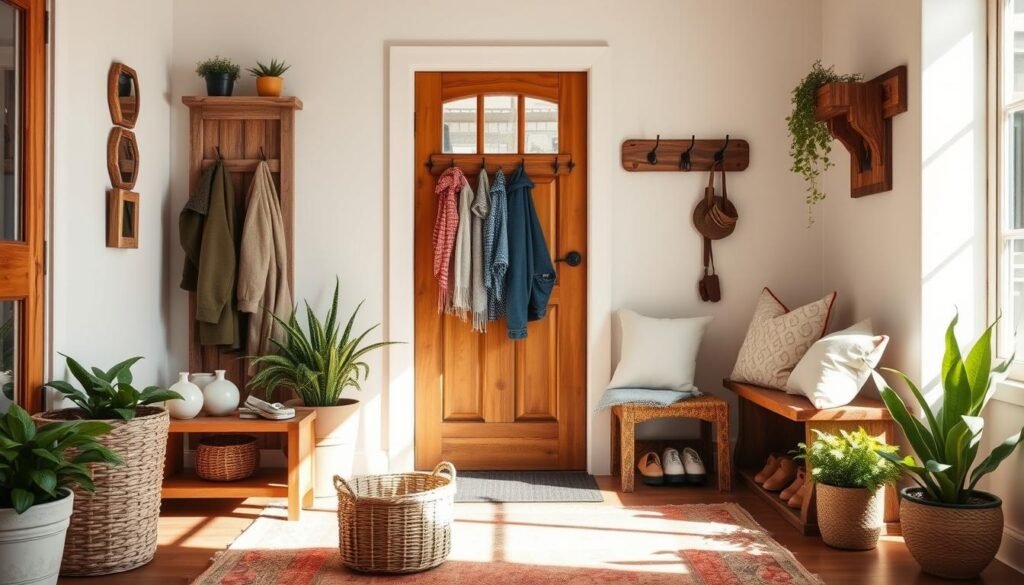 A cozy and clutter-free rustic entryway featuring a warm wooden bench adorned with soft, neutral cushions. In the foreground, a stylish, woven basket holds neatly organized shoes. The middle ground showcases a reclaimed wood coat rack with a few rustic hooks, holding neatly hung jackets and scarves. To the sides, potted plants add a touch of greenery, while a vintage mirror above the bench reflects soft, natural light streaming through the entrance. The background includes a charming wooden door with glass panels, framed by bright, airy walls painted in a soft white. The overall atmosphere conveys tranquility and functionality, bathed in warm sunlight that enhances the inviting feel of this well-organized space.