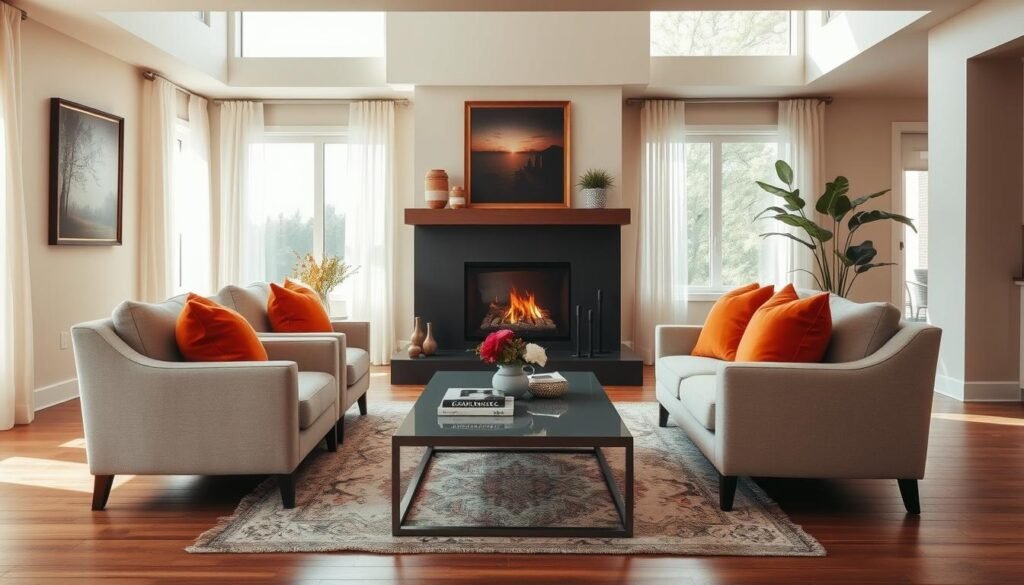 A cozy and elegant living room showcasing a clear focal point, emphasizing a stylish fireplace framed by tasteful artwork and comfortable seating arrangements. In the foreground, two modern, soft armchairs with vibrant cushions face the fireplace, inviting relaxation. The middle section features a sleek coffee table adorned with a few decorative books and a small vase of fresh flowers, enhancing the welcoming atmosphere. In the background, large windows allow bright natural sunlight to flood the room, accentuating the warmth of the wooden floors and neutral-colored walls. Soft sunlight filtering through sheer curtains creates an airy feel, while a tasteful rug adds texture to the space. The overall mood is tranquil and inviting, ideal for a comforting gathering.
