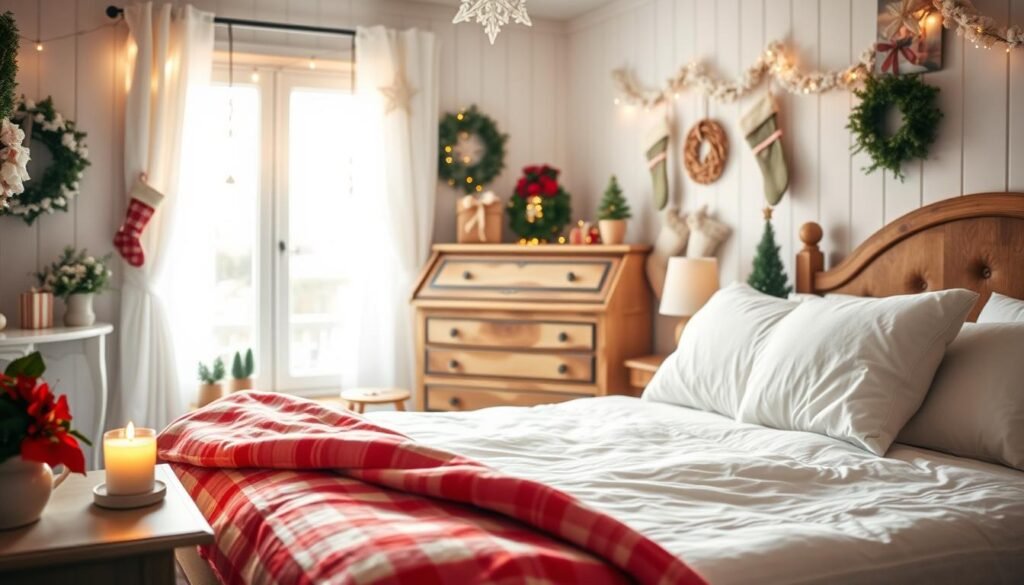 A cozy and inviting Christmas-themed bedroom, adorned with festive decor. In the foreground, a beautifully made bed with a plush, red-and-white checked duvet and fluffy white pillows. On the bedside table, a flickering candle and a small poinsettia plant add a warm touch. In the middle, a vintage wooden dresser decorated with twinkling fairy lights and a few carefully arranged ornaments. The walls are draped with soft, white garlands and stockings hung with care. In the background, a bright window letting in soft, warm sunlight that illuminates the room, creating an airy atmosphere. The scene conveys a sense of peace and relaxation, perfect for the holiday season. Capture this setting from an angle that emphasizes the overall warmth and coziness of the space.