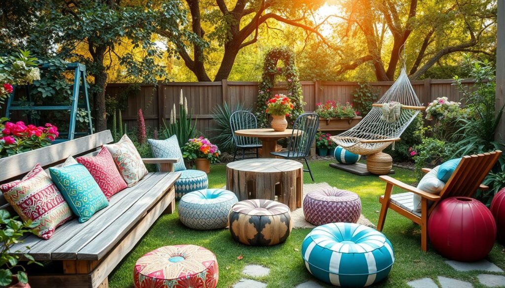 A cozy and inviting backyard seating area featuring a variety of creative and themed seating concepts. In the foreground, a rustic wooden bench adorned with colorful patterned cushions invites relaxation. Scattered around are vibrant poufs and a unique hammock, providing diverse seating options. In the middle, a round table made from reclaimed wood stands, surrounded by mismatched chairs, each with a different fun and eclectic design. The background showcases lush greenery, blooming flowers, and a soft sunlit atmosphere filtering through the trees, creating an airy, well-lit environment. The scene is captured from a slightly elevated angle to highlight the arrangement and the inviting vibe. The overall mood is cheerful and inspiring, perfect for outdoor gatherings.