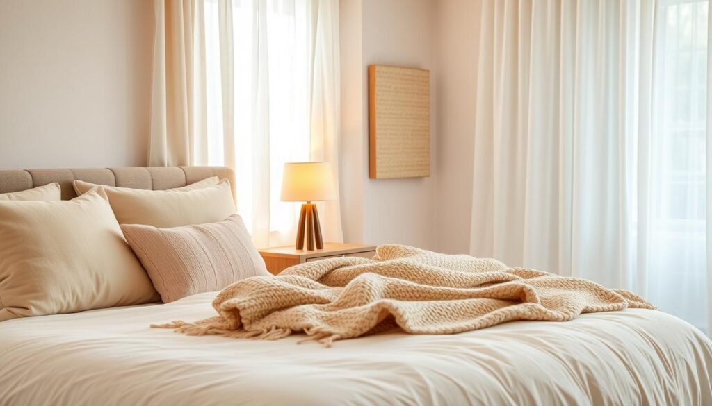A cozy and inviting bedroom designed for couples, featuring a harmonious blend of soft textiles and warm textures. In the foreground, a neatly made king-sized bed adorned with a fluffy white duvet, layered with pastel throw pillows and a knitted blanket. The middle space showcases a stylish wooden nightstand holding a trendy lamp with a warm glow. Textured wall art hangs beside the bed, enhancing the warm atmosphere. The background reveals soft curtains fluttering gently in the breeze, allowing bright natural light to illuminate the room. Soft sunlight filters through, creating a serene and airy feel. The overall mood is light, warm, and welcoming, perfect for relaxation and intimacy. The scene captures the essence of a light and cozy bedroom without any dark elements.
