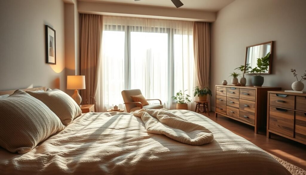 A cozy and inviting bedroom scene that embodies comfort and natural vibes. The foreground features a plush, inviting bed with a soft, textured duvet in neutral tones, surrounded by an arrangement of fluffy pillows. A small wooden nightstand with a warm lamp sits beside the bed, casting a gentle glow. In the middle, a stylish armchair is placed near a large window, draped with sheer curtains that let in bright, airy natural light. The background showcases tasteful, minimalist decor with potted plants and a wooden dresser, enhancing the serene atmosphere. The image captures soft sunlight filtering through the window, creating a warm, peaceful vibe, perfect for relaxation and comfort. The angle is slightly elevated, providing a panoramic view of this tranquil space.