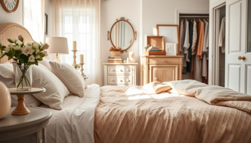 A cozy and inviting bedroom scene that embodies seasonal decor, showcasing a harmonious blend of warm textures and light colors. In the foreground, a plush, lightly patterned quilt drapes over a neatly made bed with soft, fluffy pillows. A small side table holds a vase of fresh flowers, adding a touch of nature. The middle ground features a vintage wooden dresser adorned with seasonal accents such as candles and books, while a delicate lace curtain filters soft natural light, creating a warm atmosphere. The background reveals a well-organized closet with seasonal clothing subtly visible. The overall mood is peaceful and inviting, with a focus on comfort and airy elegance, captured with bright, natural lighting to enhance the warmth and lightness of the space.